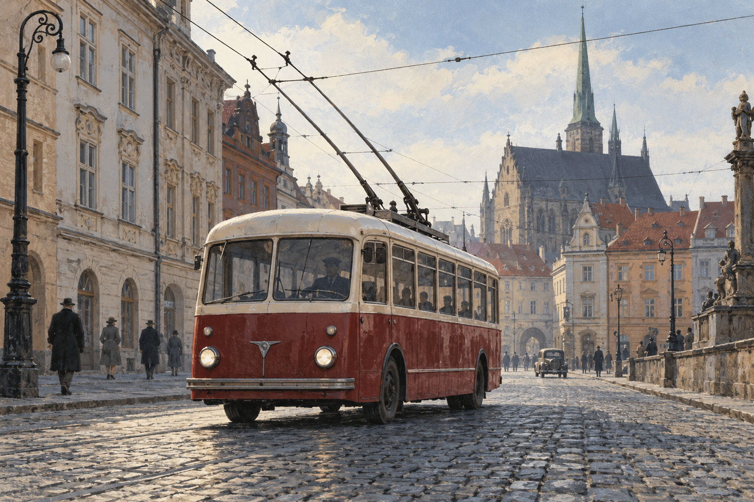 Ilustrace historického trolejbusu v Plzni